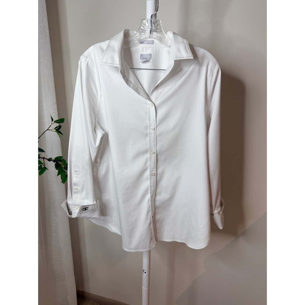 Chicos No-Iron Chic Stretch White Button Down Shirt Pick Stitch Size 1.5 Medium - Picture 3 of 9